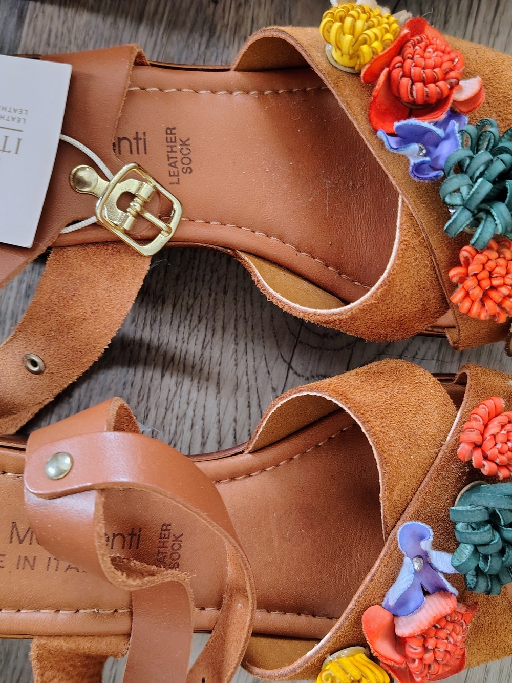 Tan Suede Floral Appliqué Ankle-Strap Sandals